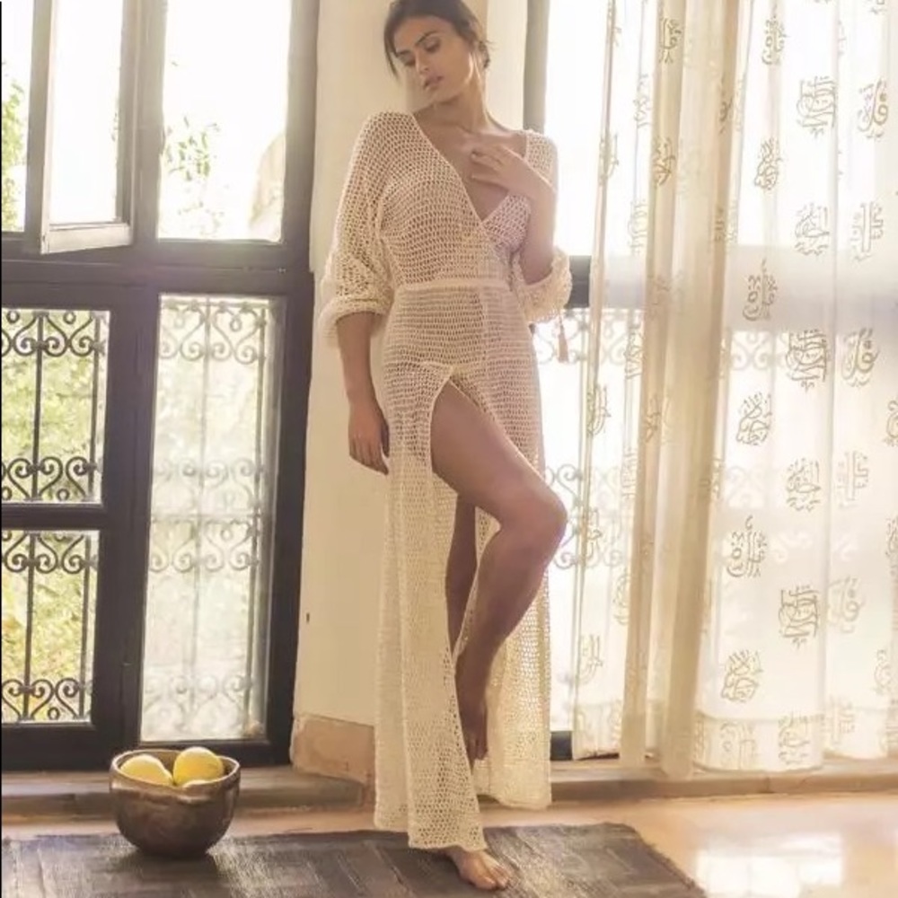 Cream Beige Crochet Maxi Dress Coverup w/Long Quarter Balloon Sleeves&Leg Slit - Picture 3 of 8